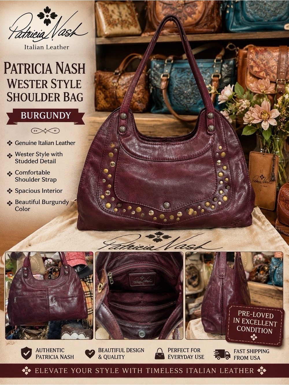 Patricia Nash Burgundy Studded Italian Leather Shoulder Bag